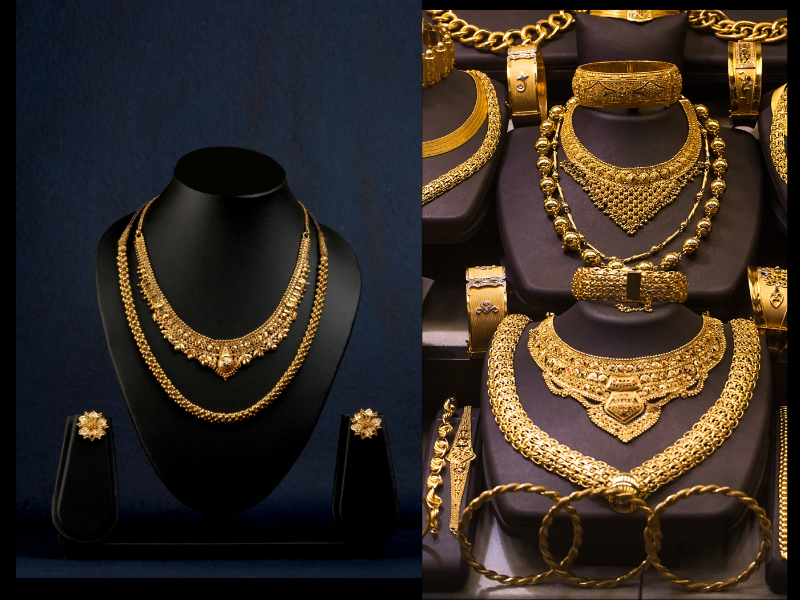 Traditional gold plated necklace set displaying detailed craftsmanship with matching bangles