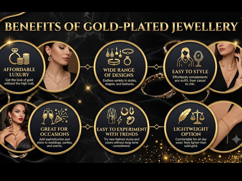 Infographic outlining six key benefits including luxury styling, design variety, and lightweight wearability