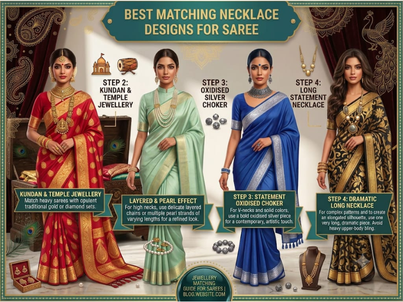 Visual infographic showcasing four steps to match neckwear with traditional sarees including chokers and layered pieces
