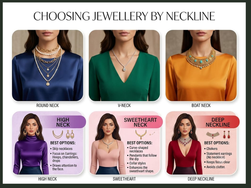 Styling chart displaying Ornaments selection for various blouse necklines including round, V-neck, boat neck, high neck, sweetheart, and deep necklines
