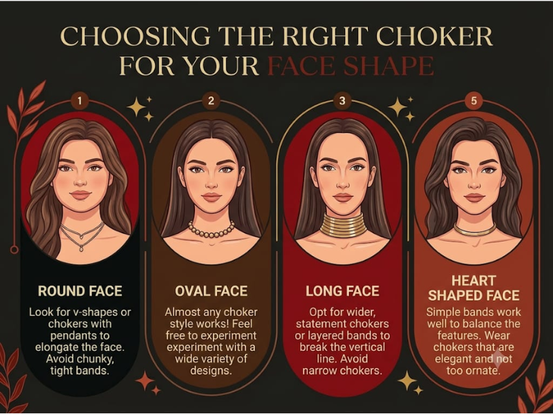 Visual guide necklace recommendations for your face shapes including round, oval, long, and heart-shaped faces