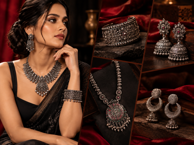 Model wearing modern black attire with a dark finish neckpiece alongside a display of intricate silver-tone earrings and chains