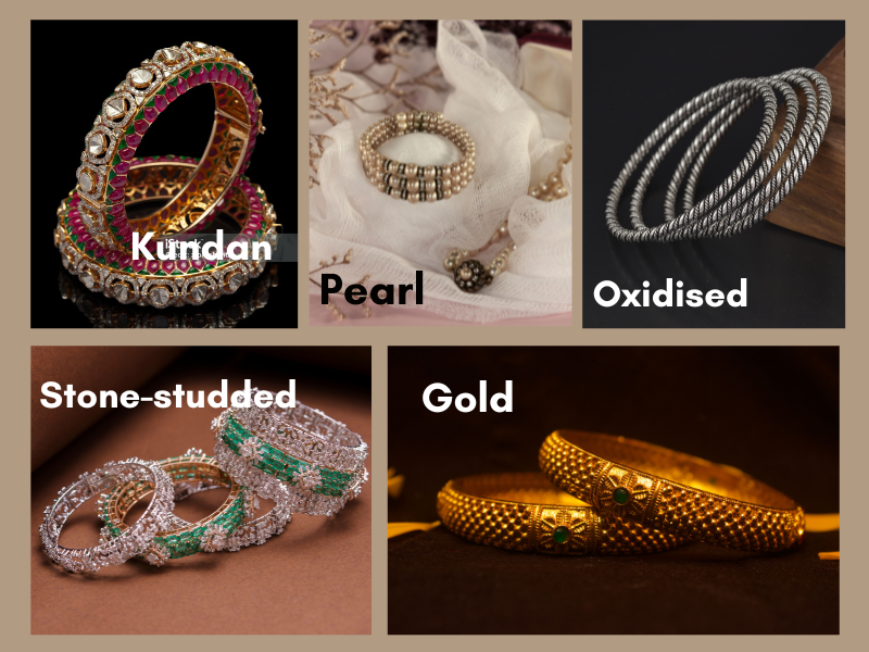 Guide to six popular bangle styles for wedding sarees: Kundan, Pearl, Oxidised, Stone-Studded, glass, and gold, displayed as a collage.