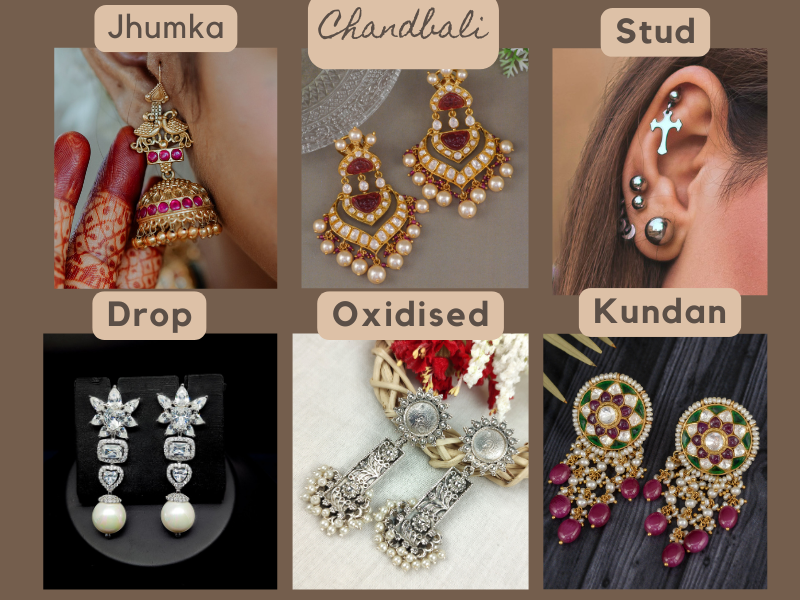 Style guide chart displaying six ear ornament  varieties including Jhumka, Chandbali, Stude, Drop, Silver finish, and pearl detailing