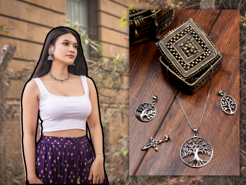Styling woman wearing a silver necklace alongside close-ups of oxidised pendants for everyday fashion