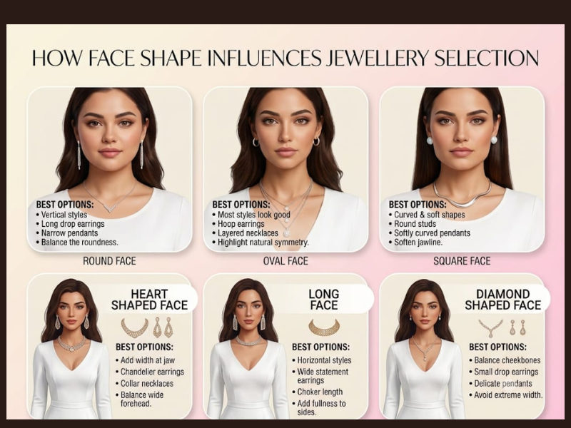 Infographic showing ornament styling recommendation for various face shapes including round, oval, square, heart, long, and diamond shapes