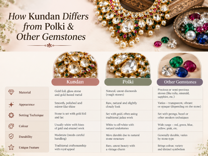 Comparison chart highlighting materials, appearance, and setting techniques of traditional gemstones