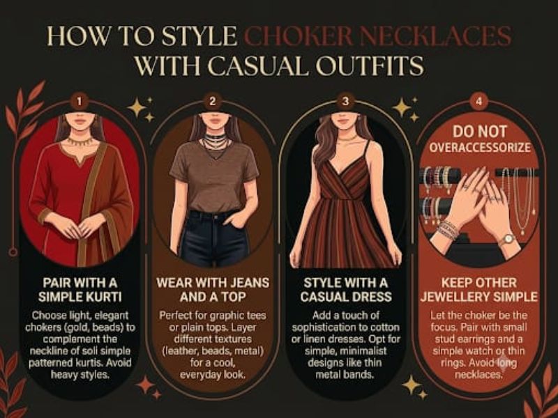 Styling guide illustrating four practical tips for pairing neckwear with everyday clothes including Kurtis, Jeans, and casual dresses