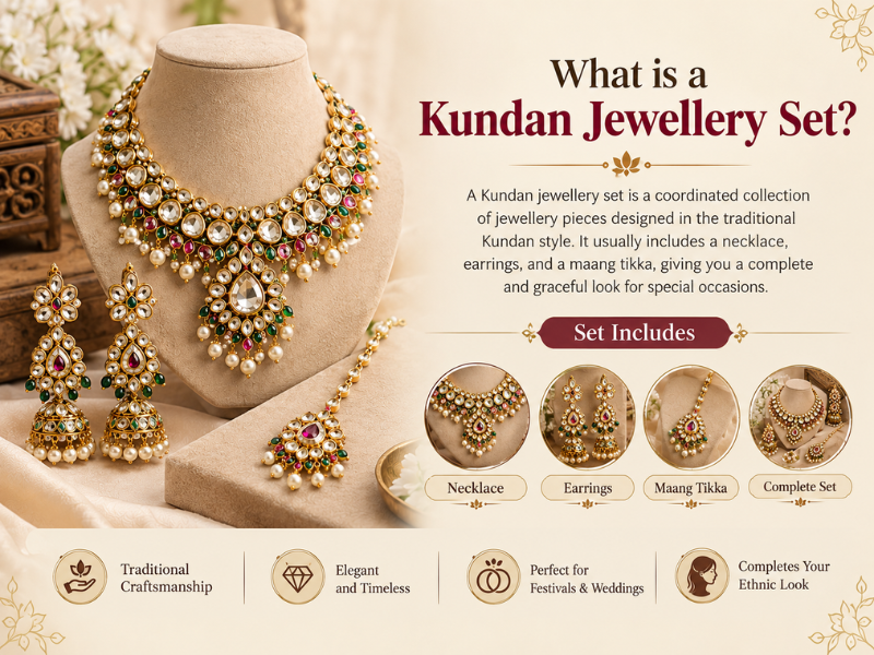 Infographic showing components os a traditional bridal set including necklace, earring, and  Maang tikka