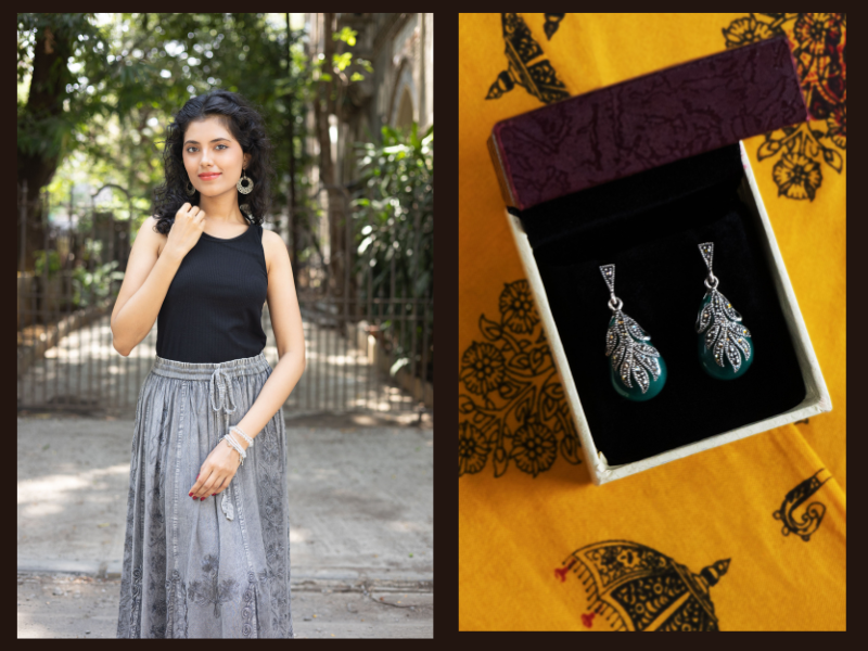 Styling women wearing a silver  earring alongside close-ups of oxidised earring for office wear 