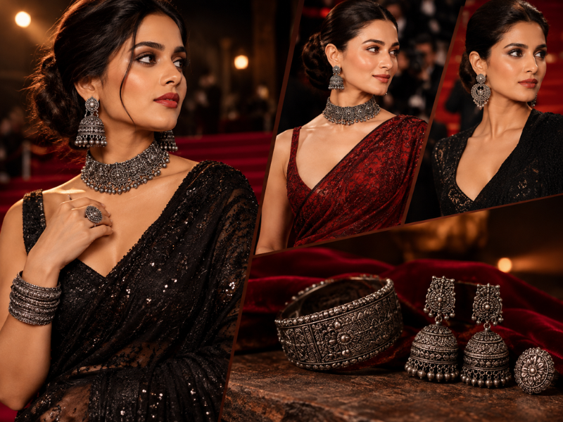 Styling women wearing a silver necklace with earring alongside close-ups of oxidised Set