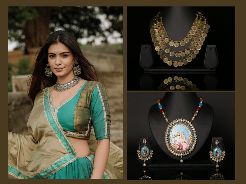 Styling women wearing a silver necklace with earring alongside close-ups of oxidised pendan