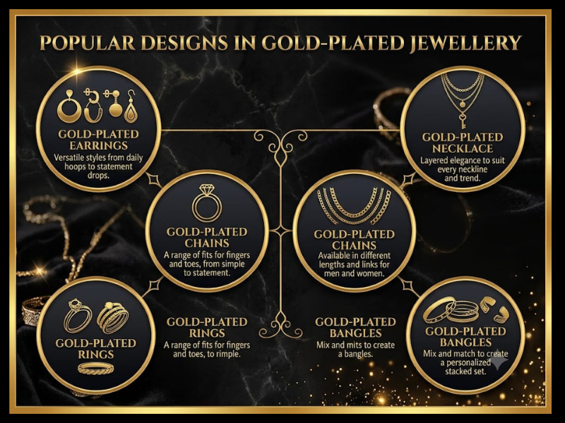 Visual guide showcasing popular styles including necklace, chains, rings, bangles, and earrings
