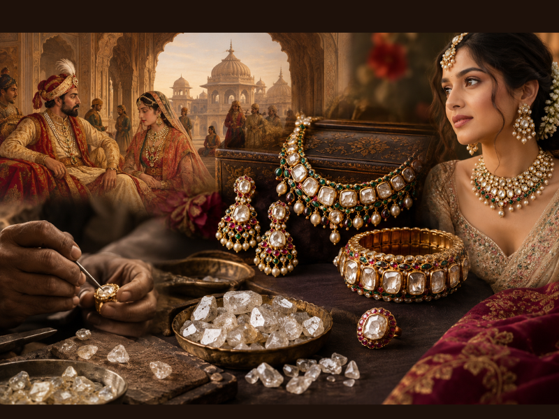 A model wearing and showcasing a bridal gold necklace set with stone