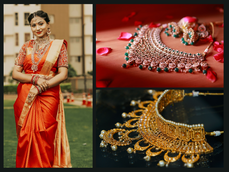 Styling women wearing a gold oxidised wedding necklace with earring alongside close-ups of Oxidised sets