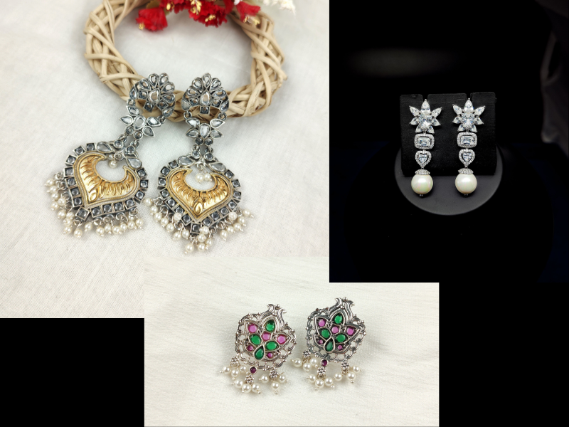 The multiple collection of Oxidised silver jewellery like Jhumkas, hoops, studs, Chandbali-inspired earrings.